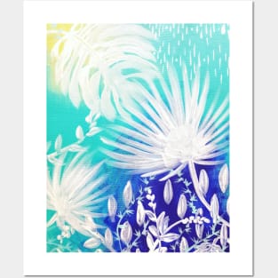 White tropical leaves on blue Posters and Art